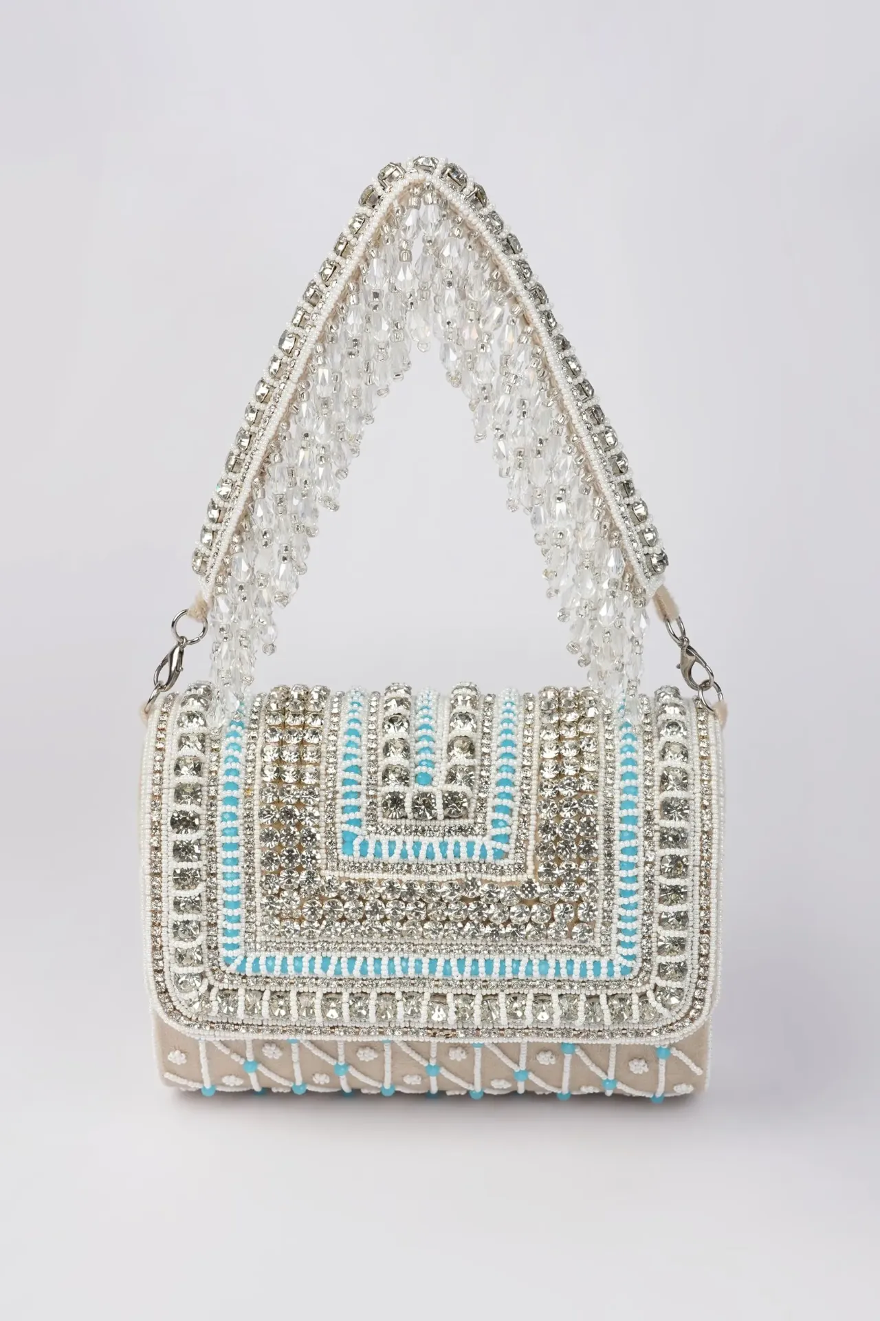 Crystal-Beaded Flap Clutch Bag (Light Beige)